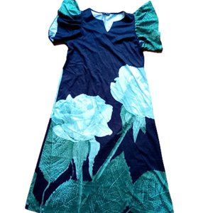 Black Green Maxi Length Blue Floral Kaftan Style Dress  Size XL ---